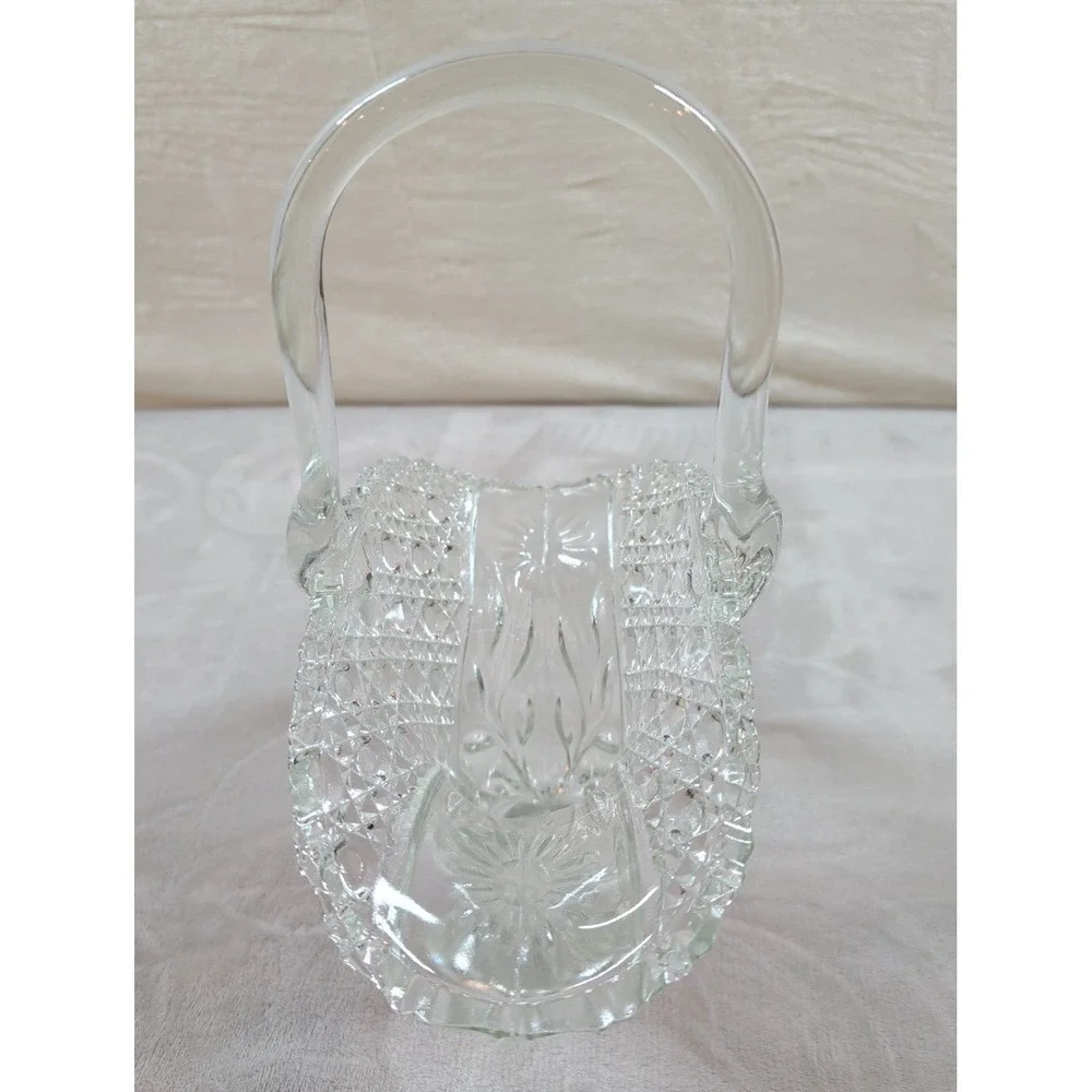 Vintage Clear‎ Cut Glass Basket Starburst Circle Pattern Decorative Centerpiece